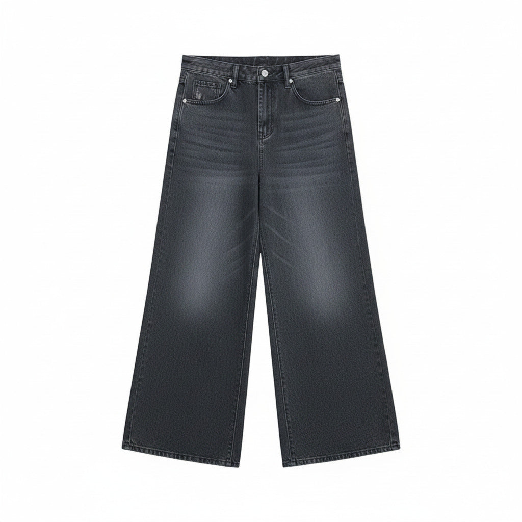 Black wide-leg jeans on a white background