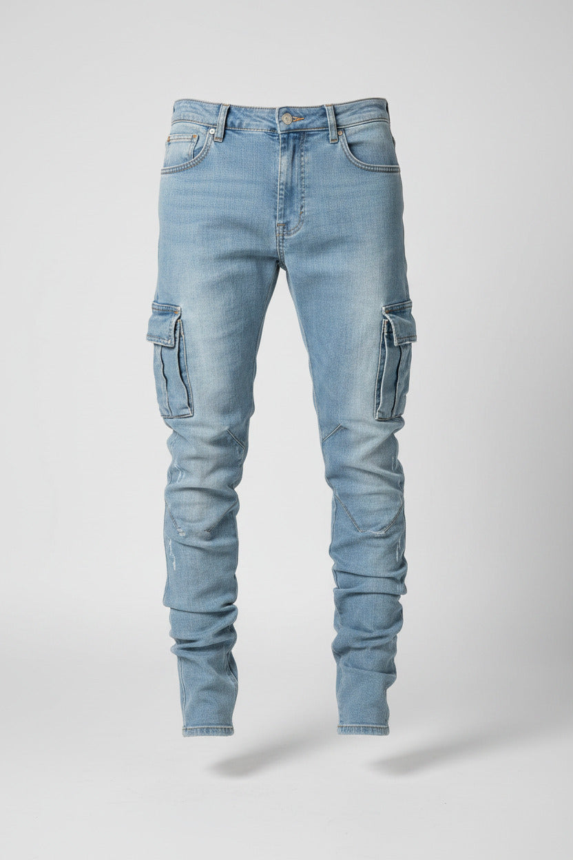 Light blue cargo jeans worn by a person on a white background